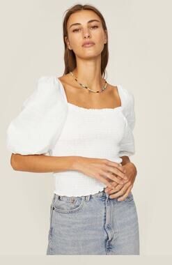 Faherty Frankie 100% Linen White Smocked Crop Top with Puff Sleeves, XL